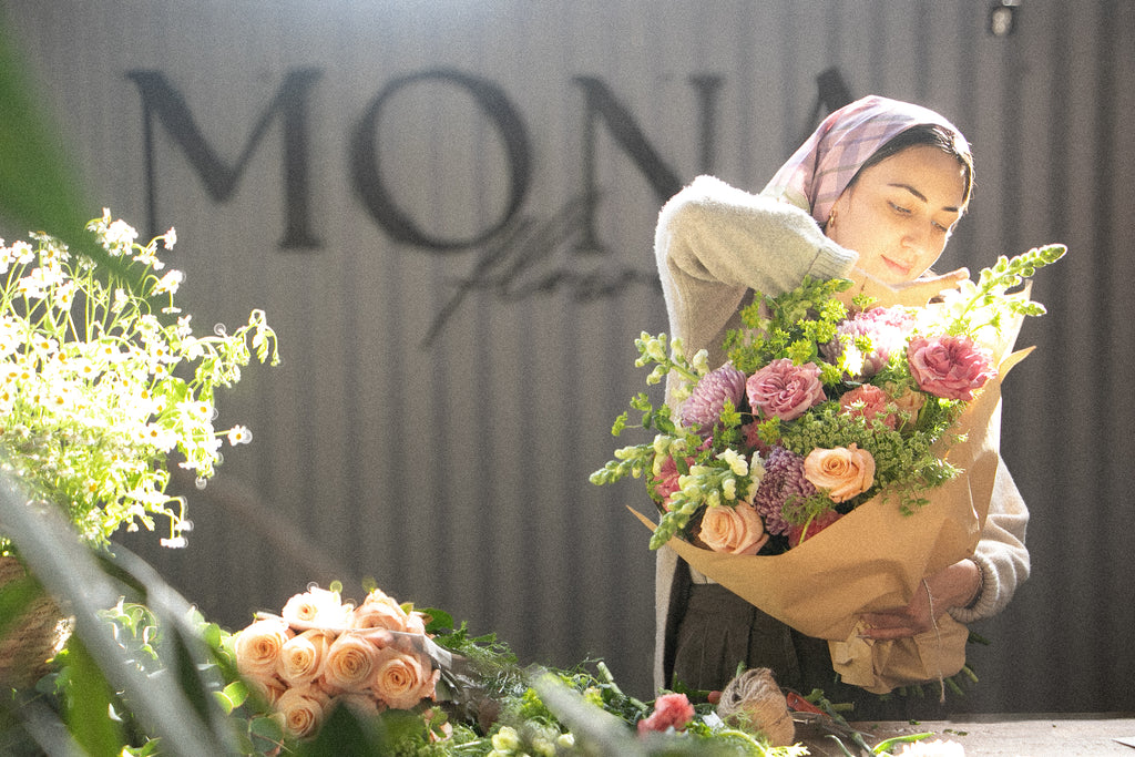 Hand-block printed cotton bandana in Blush Stripe pattern