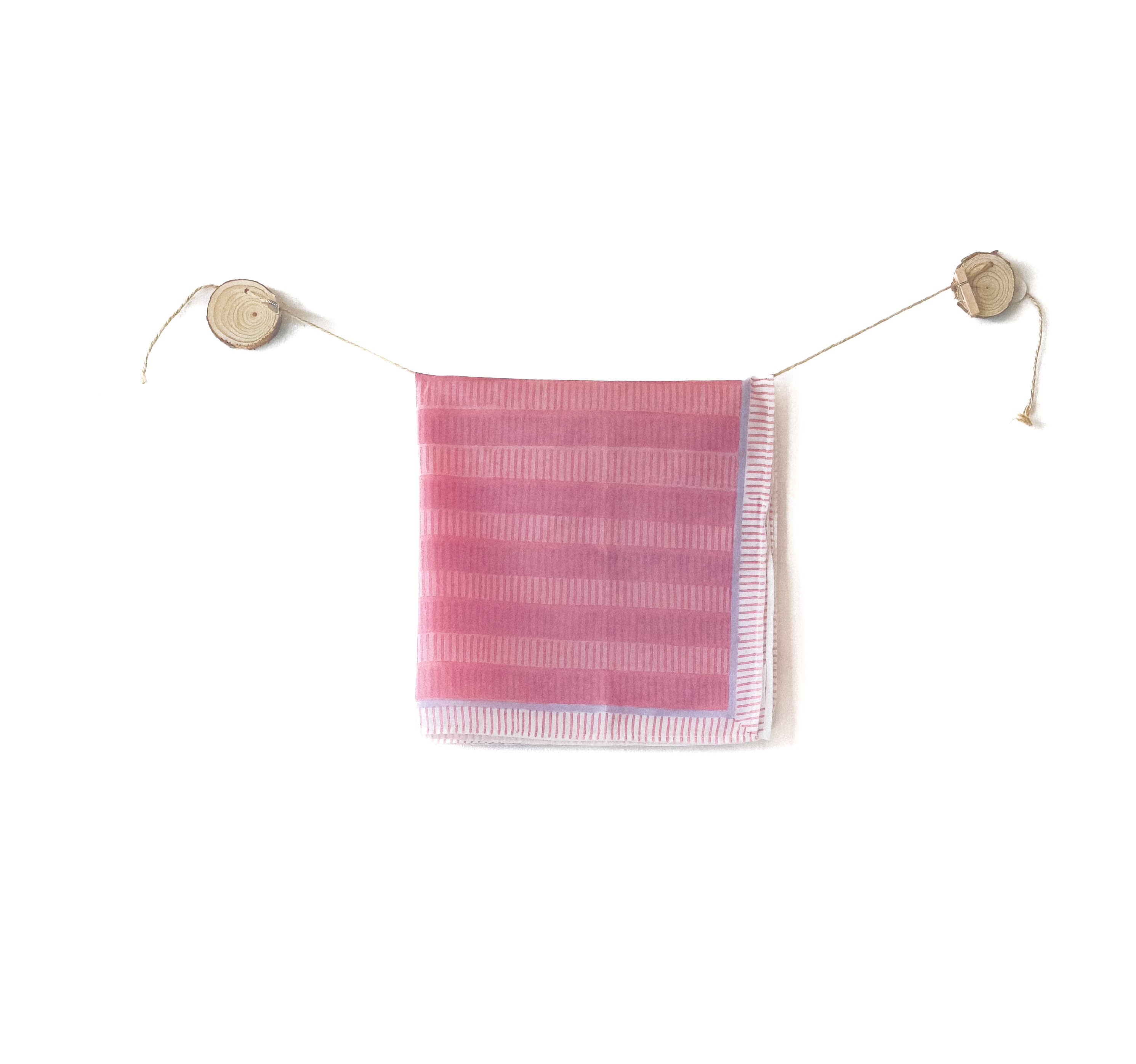 Hand Block Printed Pink patterned Bandana with stipe design.