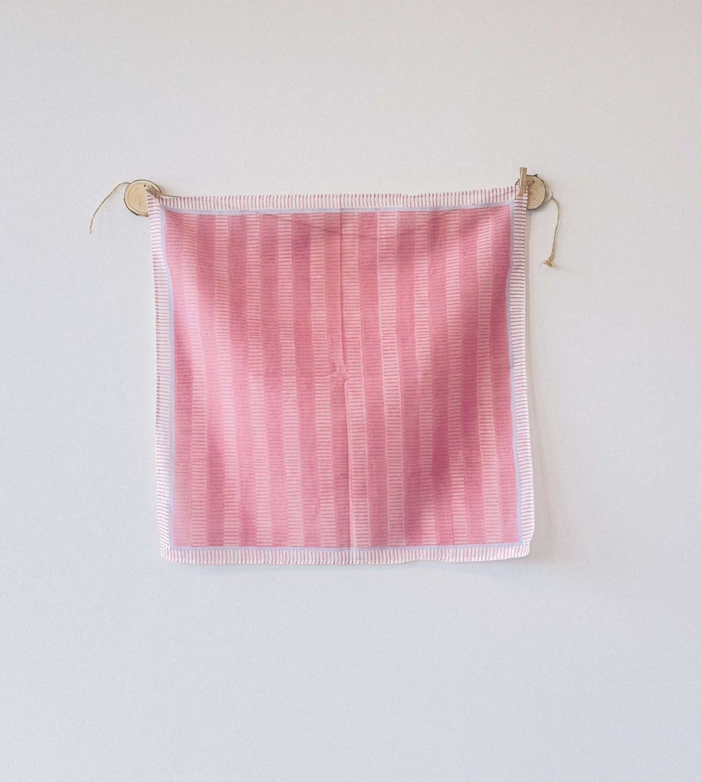 Hand Block Printed pink patterned Bandana with stripe design on a cotton silk fabric