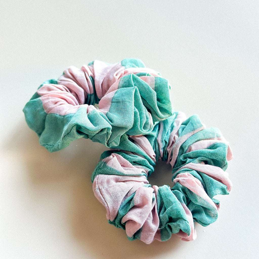 Two pink and teal Block Printed Scrunchies for daily wear. 