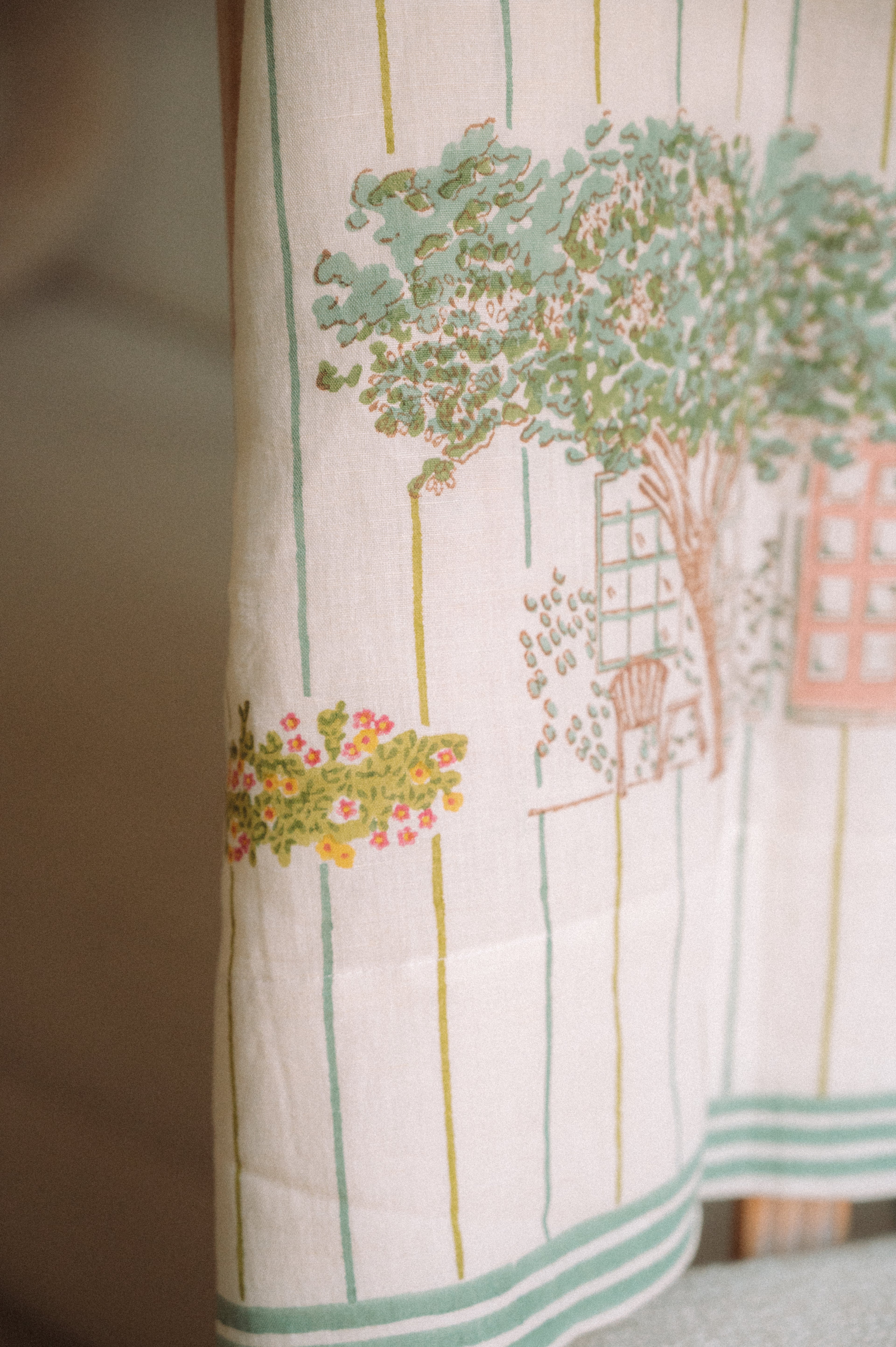 Hand-block printed Street View curtains on white  cotton-linen fabric, perfect for Bedroom/Living Room decor.