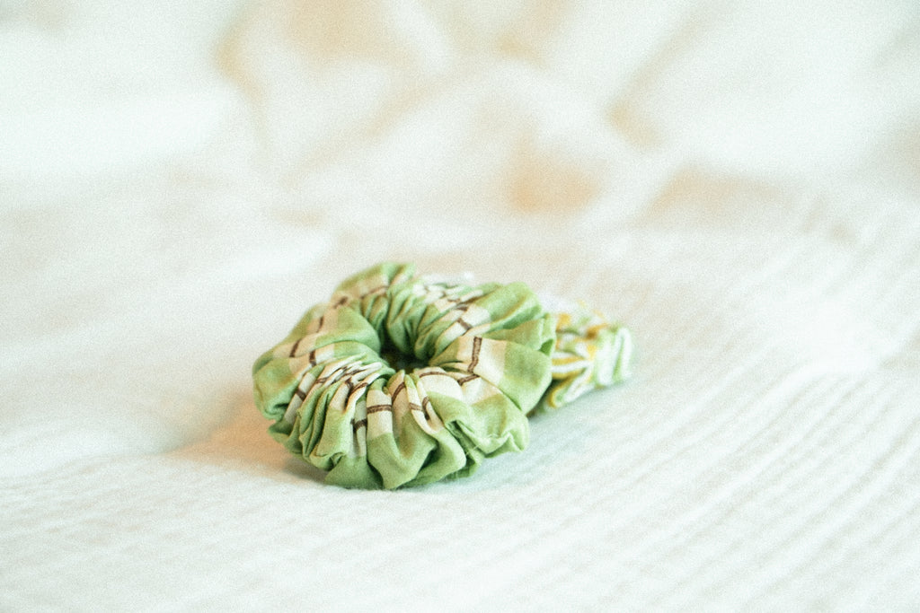 Hand-block printed cotton silk scrunchie  in green tones 