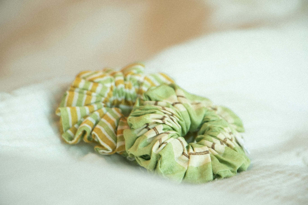 Hand-block printed cotton silk scrunchie in Green stipe pattern
