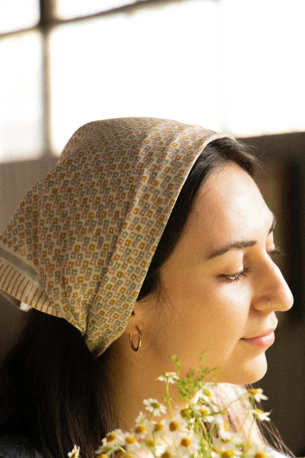 Hand-block printed cotton silk bandana in Floral Print 