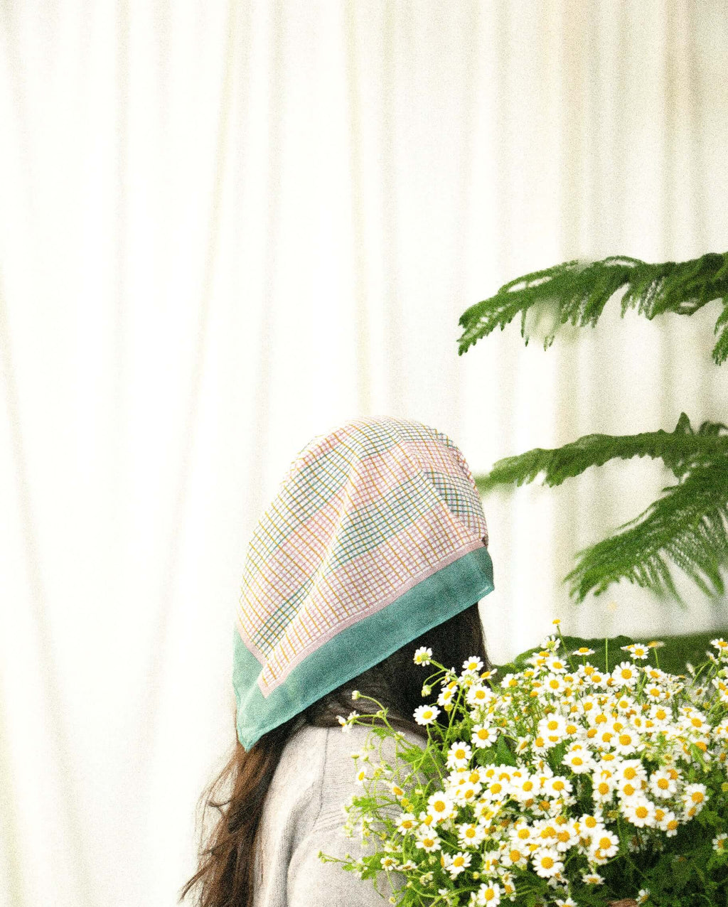 Hand-block printed cotton silk bandana in meadow grid pattern