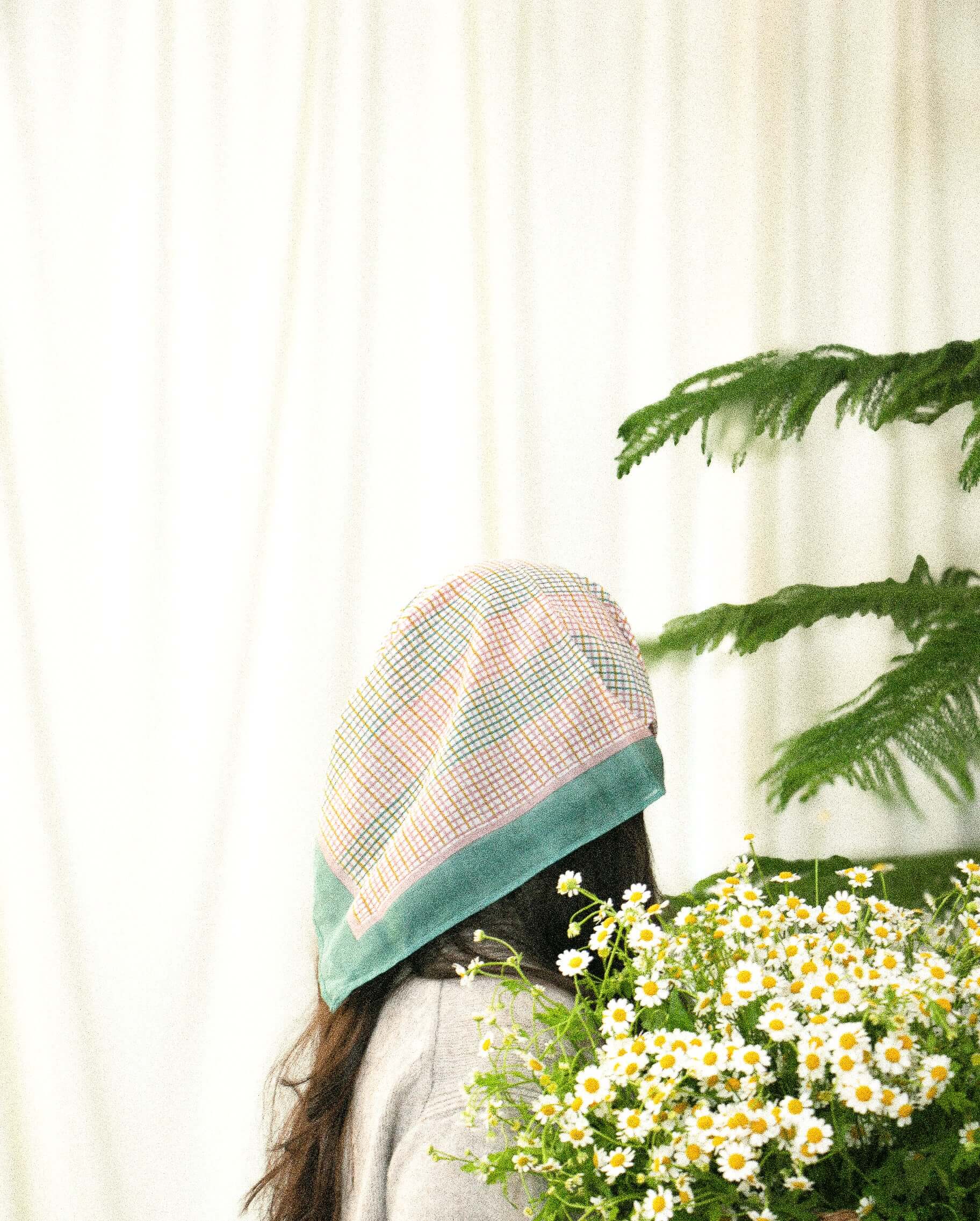 Hand-block printed cotton silk bandana in meadow grid pattern