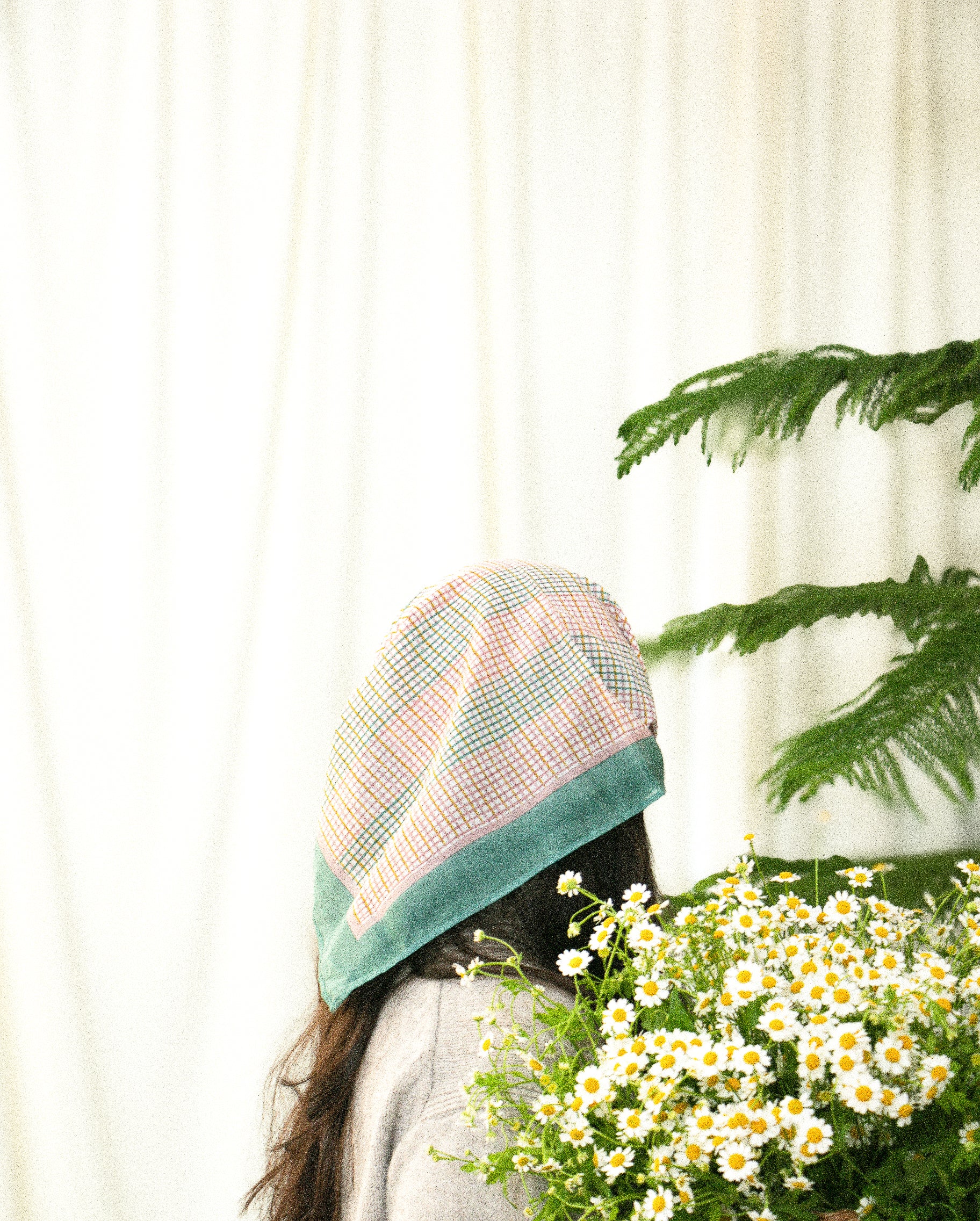 Hand-block printed cotton silk bandana in meadow grid pattern