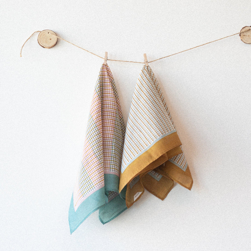 Hand-block printed cotton silk bandana in meadow grid pattern