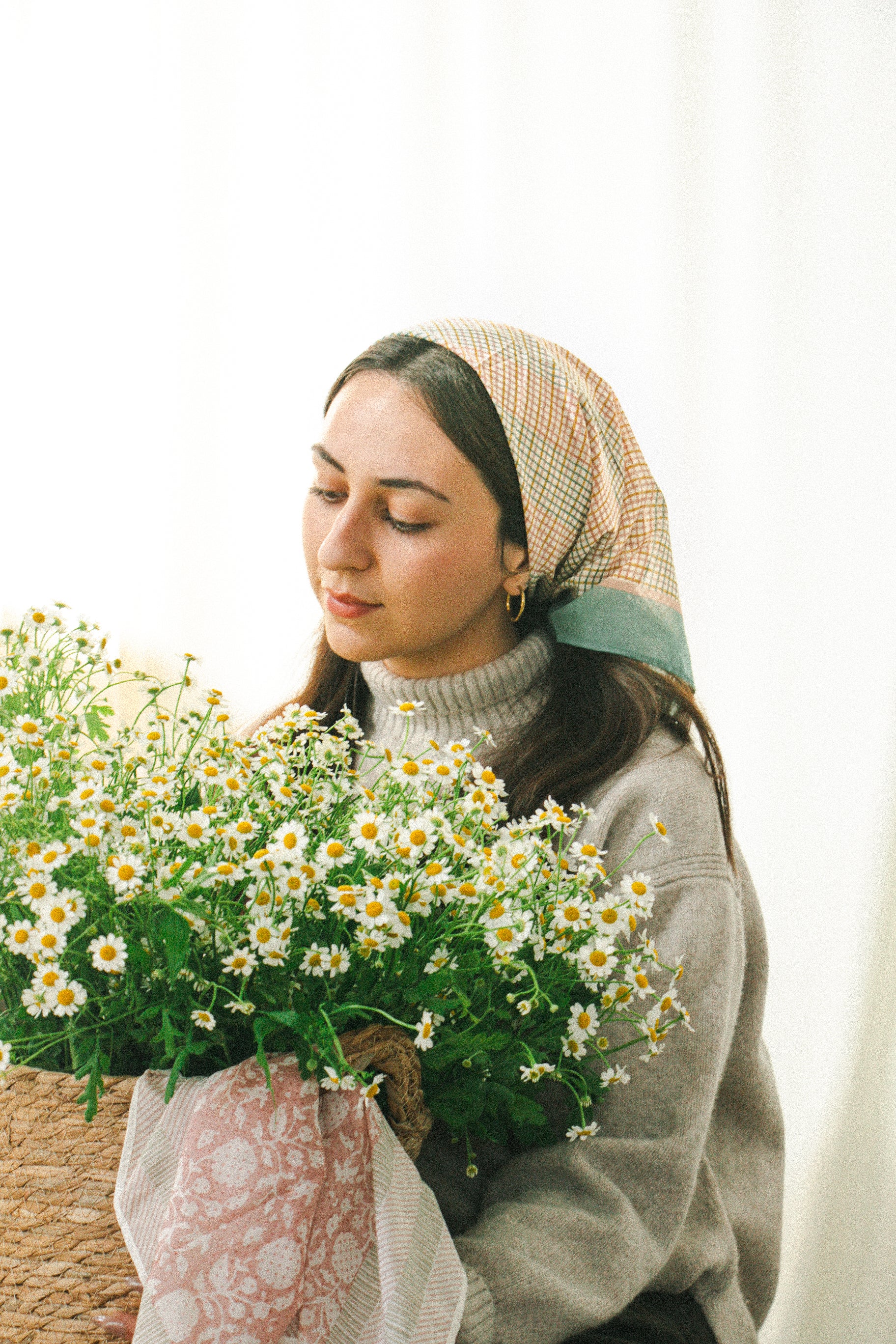 Hand-block printed cotton silk bandana in meadow grid pattern