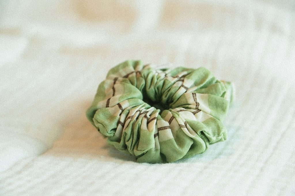 Green Block Printed scrunchie on a cotton silk fabric for daily wear 