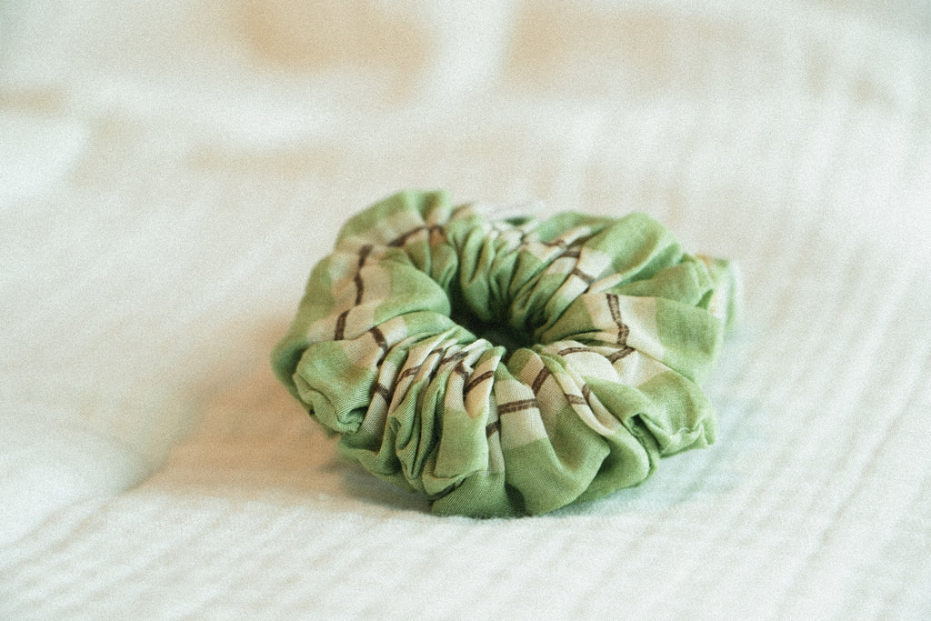 Green Block Printed scrunchie on a cotton silk fabric for daily wear 