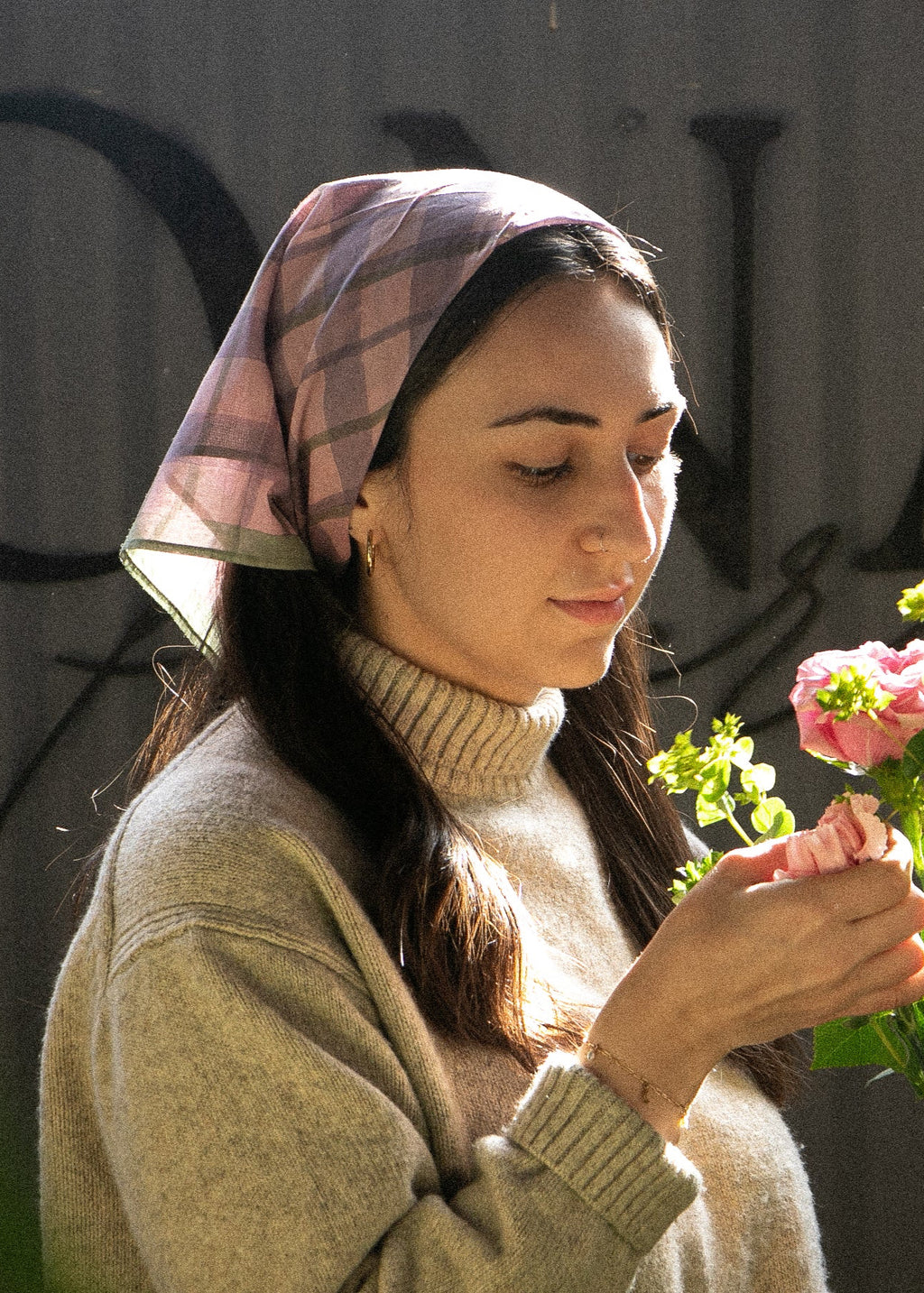 Hand-block printed cotton silk bandana in Blush Stripe pattern