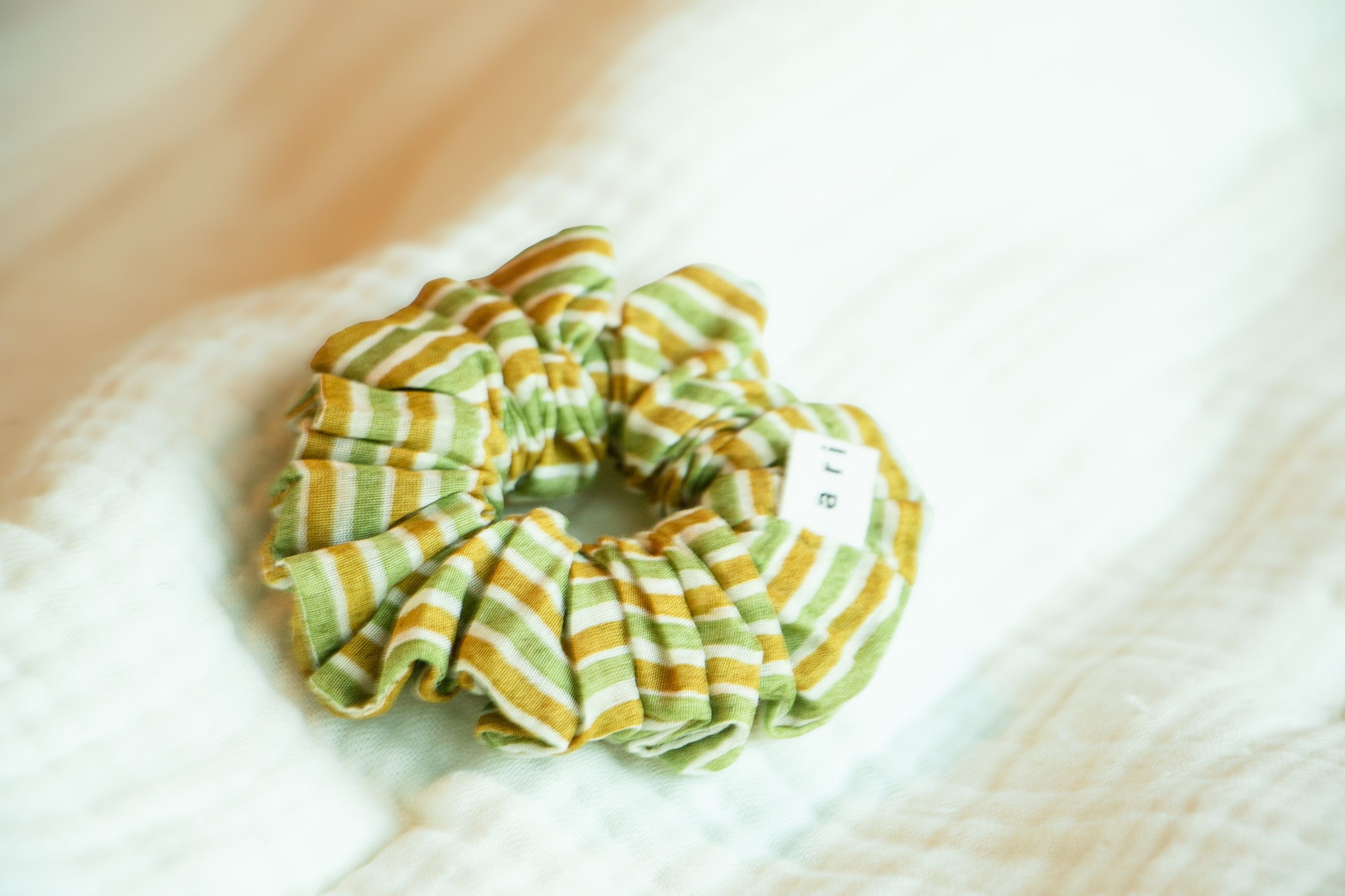 Green and yellow striped Block printed scrunchie for daily wear - Designed In USA, Made in India