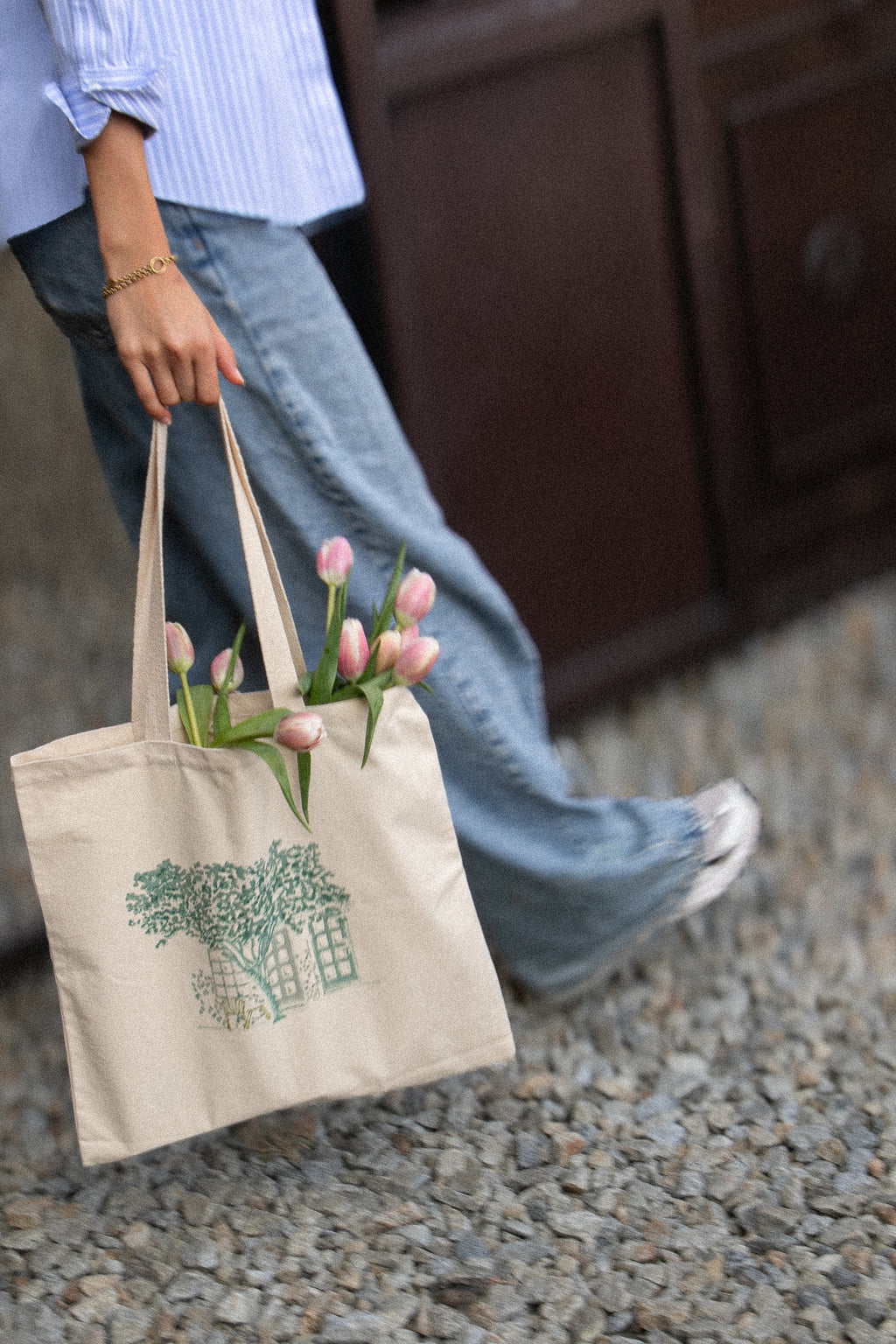 Hand-block printed cotton tote bag with Quiet corner  design and sturdy canvas handles.