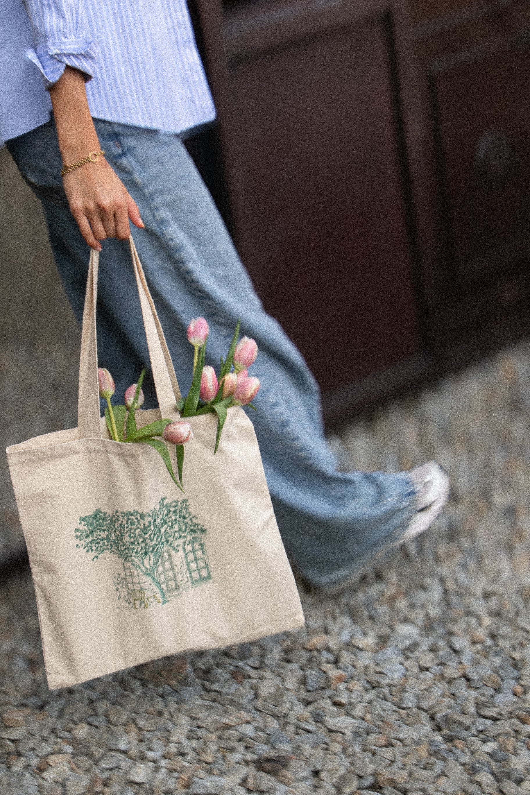 Hand-block printed cotton tote bag with Quiet corner  design and sturdy canvas handles.