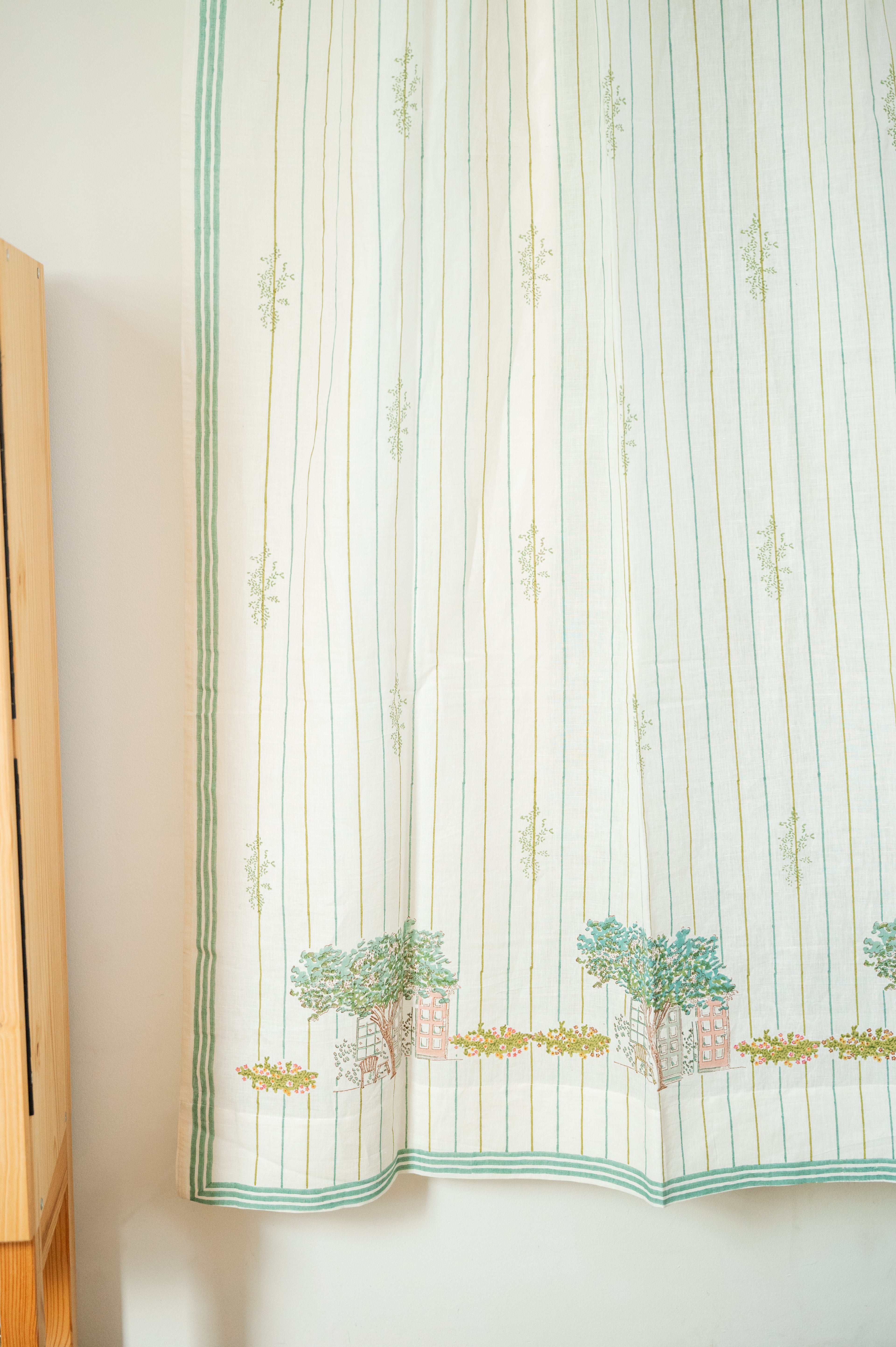 42 x 82 Hand-block printed street view curtains on white cotton-linen fabric, perfect for Bedroom/Living Room decor.