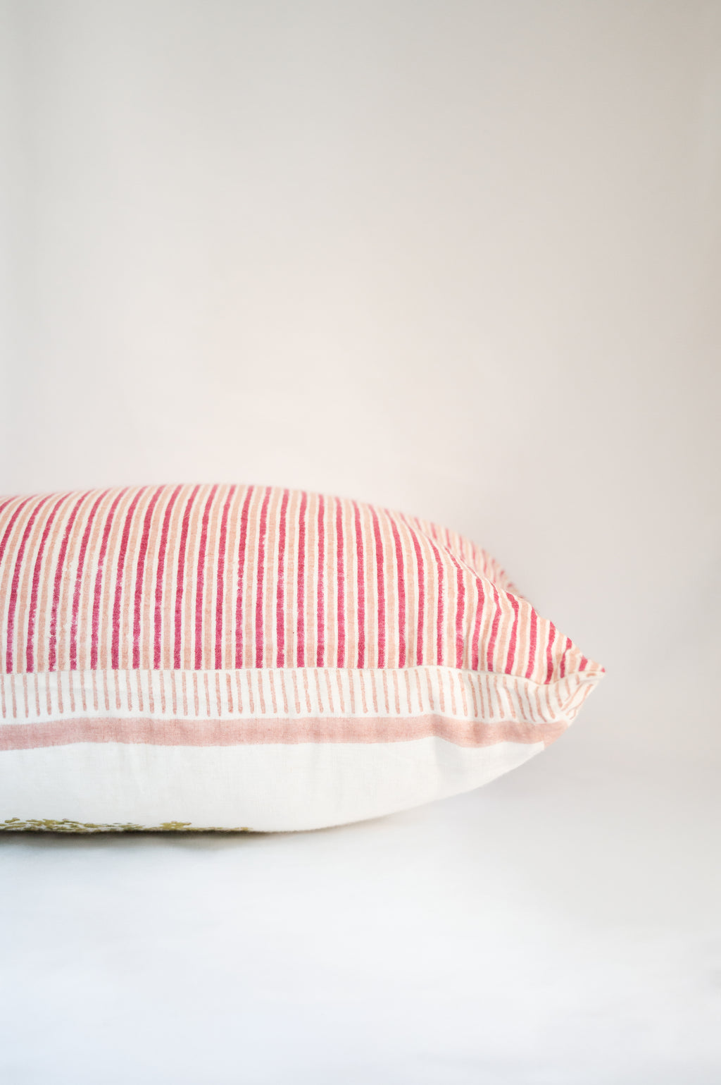 block printed Striped pillow with pink and white pattern at the back on Handwoven linen fabric 