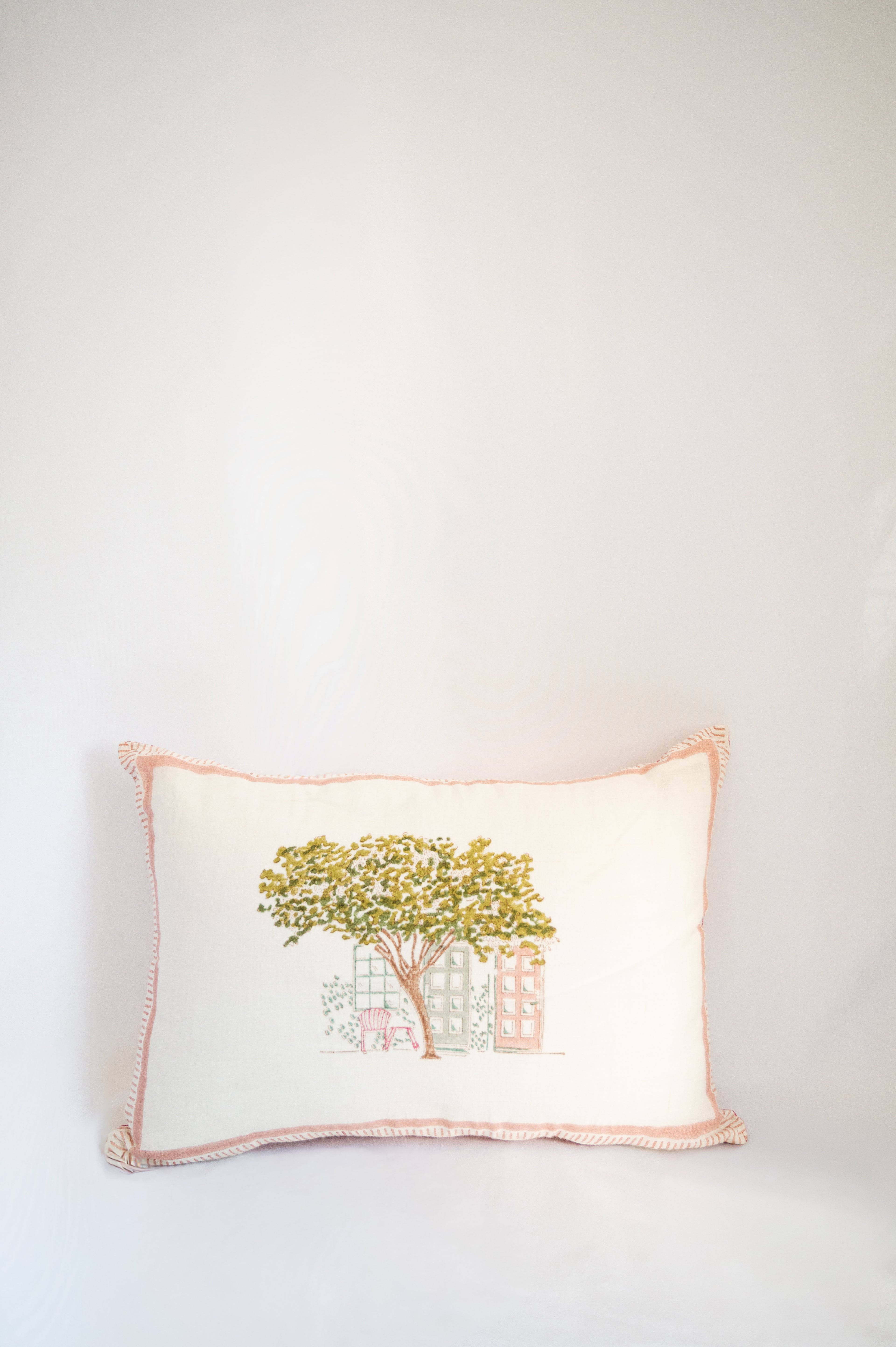 Journey of a river - Decorative pillow with a tree and house design on a linen fabric. Inspired from the travel diaries. 