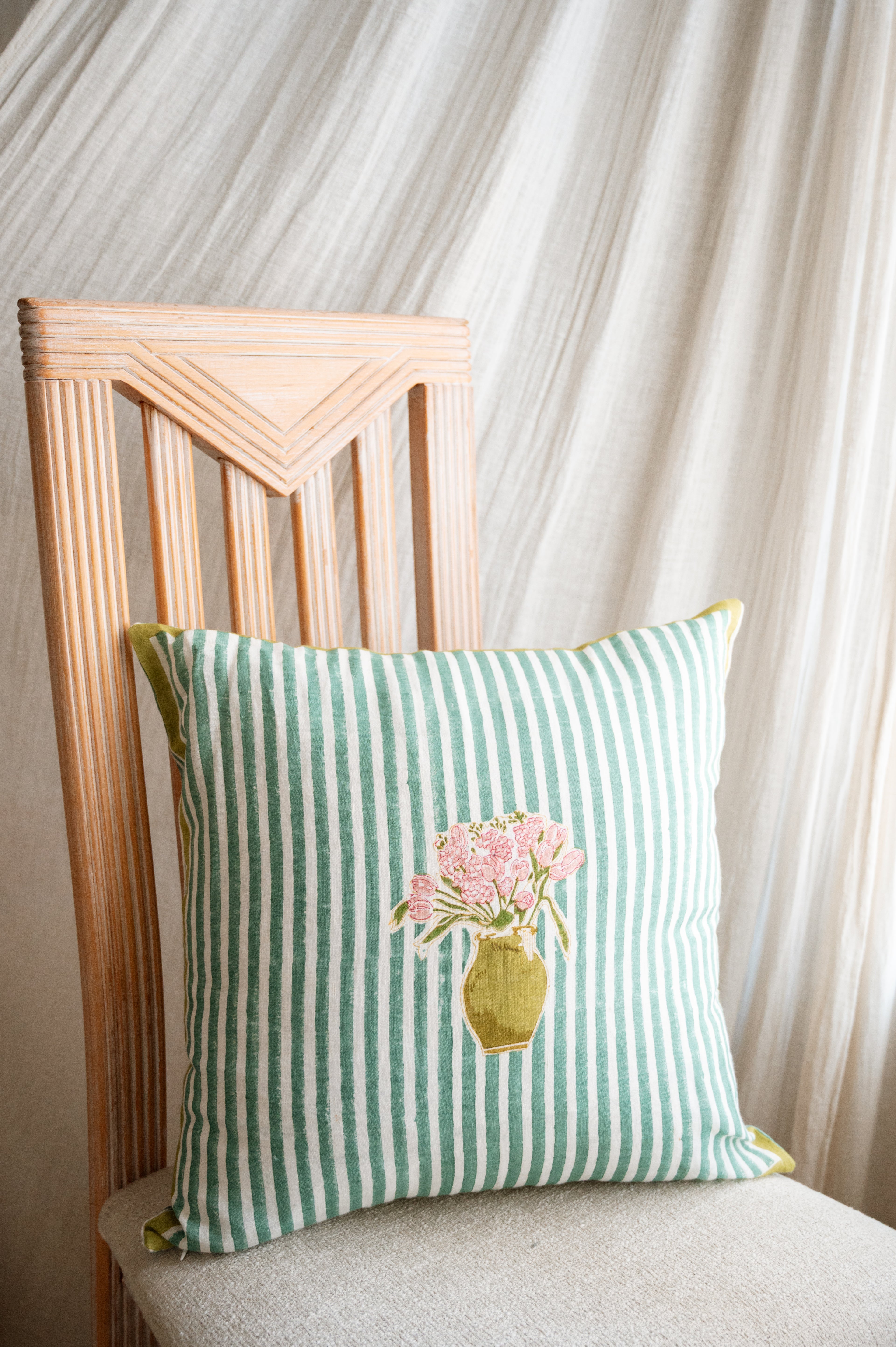 18x18 hand-block printed linen cushion cover with Sea Green stripe and Mona's flower arrangement in between. 
