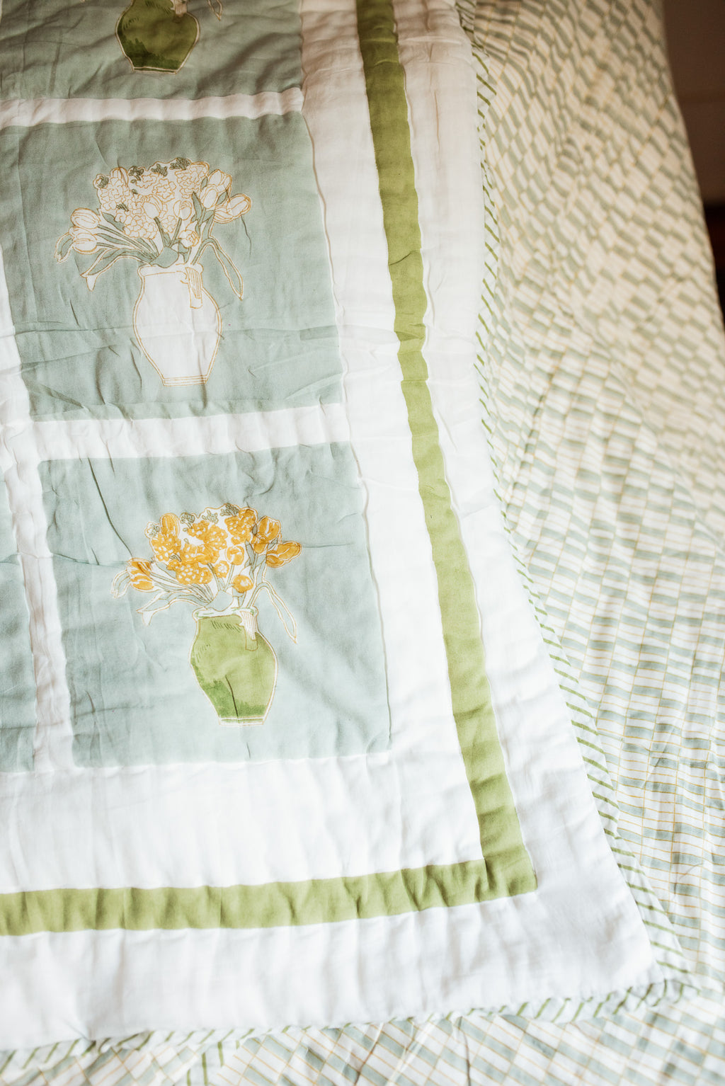 Close-up of a 50×70 breathable cotton throw with hand-printed motifs on both sides, showcasing traditional Indian craftsmanship.